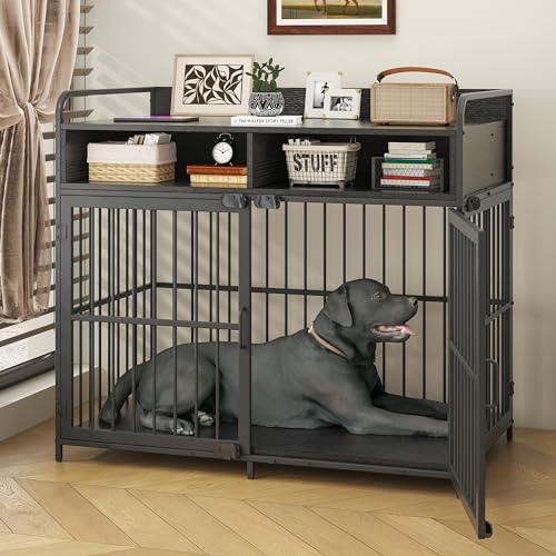 47 Inch Wooden Dog Crate Furniture for 2 Dogs with Removable Divider & Storage Drawers, Double Door Kennel for Medium and Extra Large Dogs, Farmhouse Dog Cage Side End Table for Indoor use, White