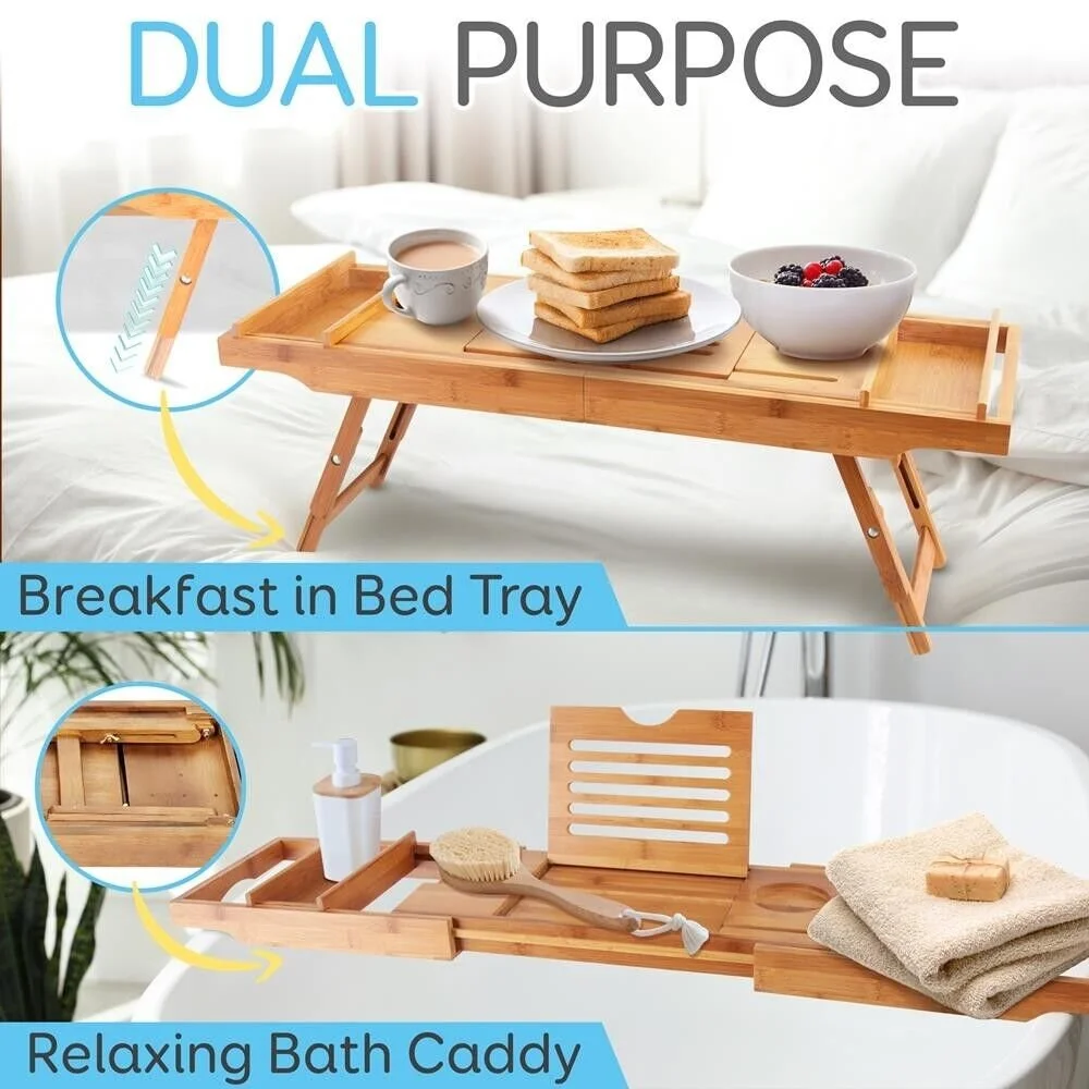 Natural Bamboo Bathtub Caddy - Shower Tub Caddy Tray with Adjustable Length