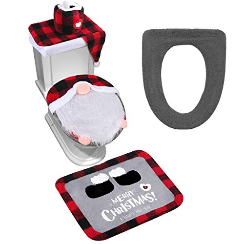 D-FantiX Gnome Toilet Seat Cover and Rug Set of 5, Funny Swedish Tomte Gnomes Scandinavian Christmas Bathroom Decorations 2025