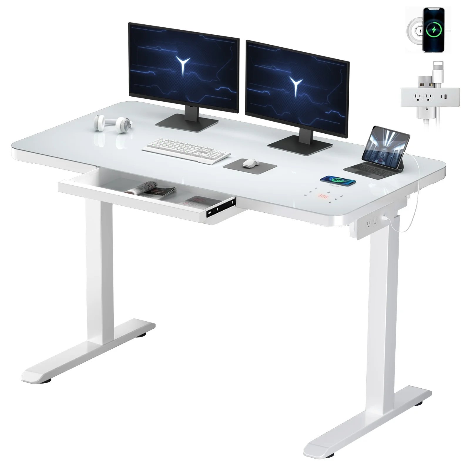 ADOFFUR Electric Glass Standing Desk with Drawers, Dual Motor Height Adjustable Desk with Touch Control &Wireless Charging&Power Outlet Strip, White