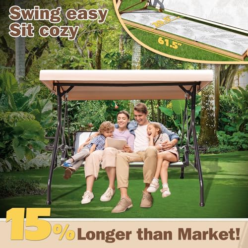 3 Person Patio Swing Outdoor Swing for Adults with Adjustable Canopy &Upgraded Cup Holders Textilene Fabric Porch Swing Chair with Stand Heavy Duty 800 LBS