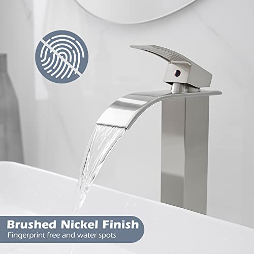 BWE Vessel Sink Faucet Modern Waterfall Chrome Single Hole Bathroom Faucet Single Handle with Pop up Drain Without Overflow Assembly Vanity Basin Bath Sink Faucets Mixer Tap