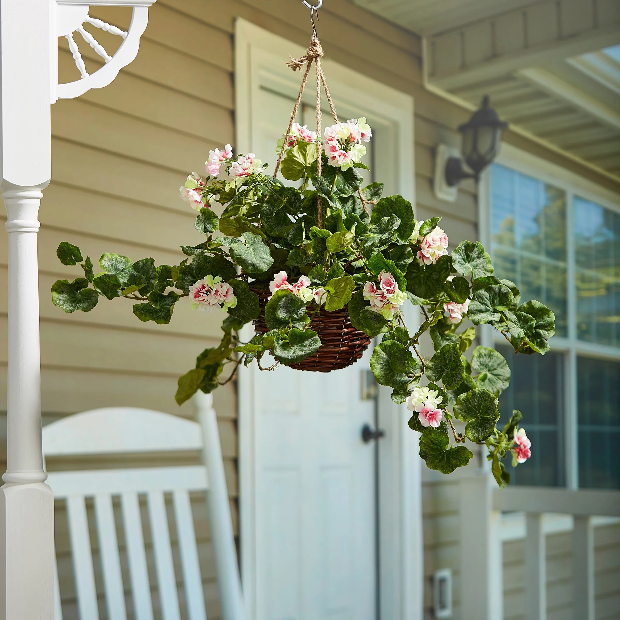 Pure Garden Faux Flowers – Light Pink Geranium Hanging Natural and Lifelike Floral Arrangement with Basket