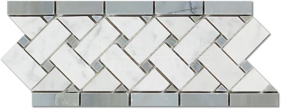 Carrara White Italian (Bianco Carrara) Marble Basketweave Border Mosaic Tile with Blue & Gray Marble Dots, Polished