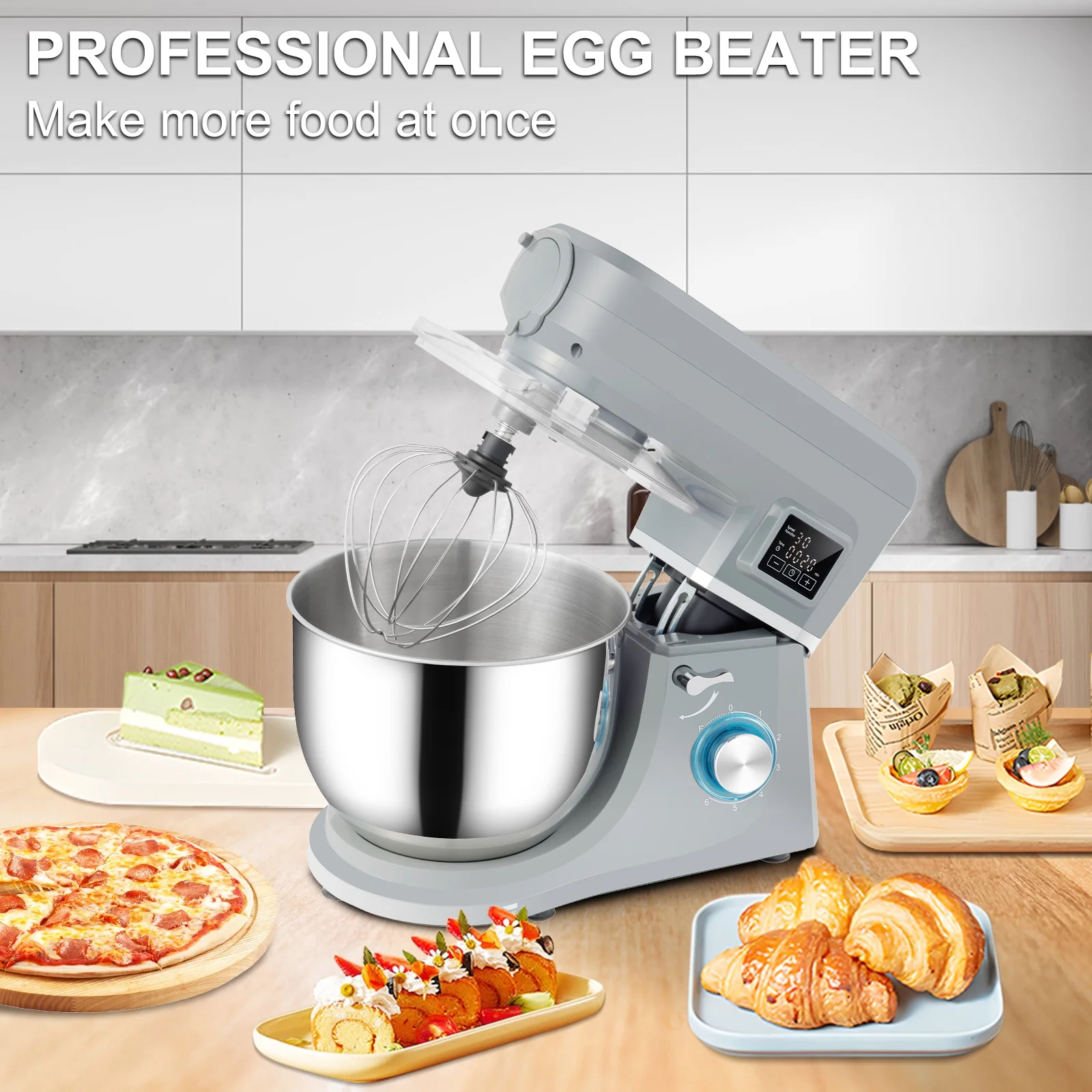 BENTISM Stand Mixer 7.4Qt LCD Screen Timing 6-Speed Dough Mixer w/ Grinder Juicer