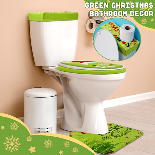 Duraaamo 4 Pcs Christmas Green Toilet Seat Cover Set Whimsical Christmas Bathroom Decorations Green Accessories Set for Bathroom Decor