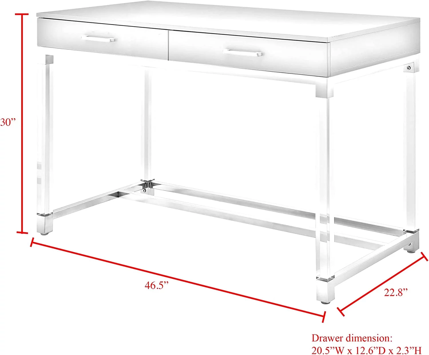 salable High Gloss 2 Drawers Writing Desk with Acrylic Legs and Chrome Stainless Steel Base  White/Chrome
