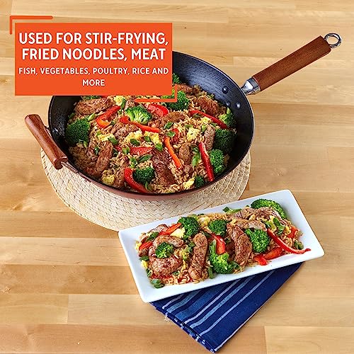 IMUSA USA Light Cast Iron Wok with Wood Handles 14-Inch, Black