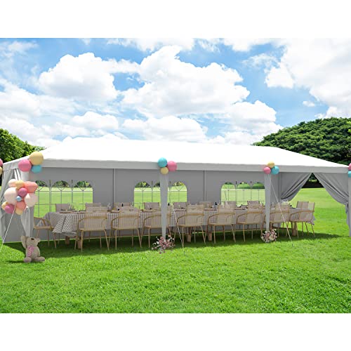 Greesum 10x30 Outdoor Canopy Tent, Patio Gazebo, for Party Wedding BBQ Events with 8 Side Removable Walls, Waterproof Canopies, White