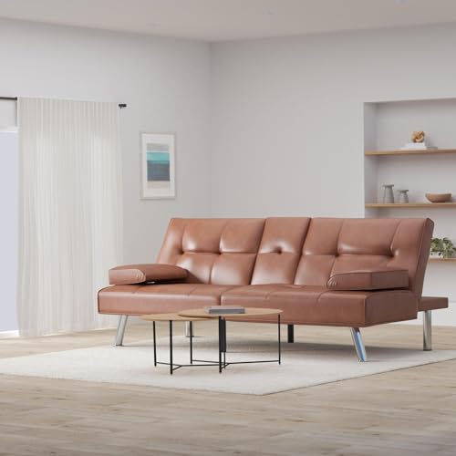 Best Choice Products Faux Leather Upholstered Modern Convertible Futon, Adjustable Folding Sofa Bed, Guest Bed w/Removable Armrests - Blue