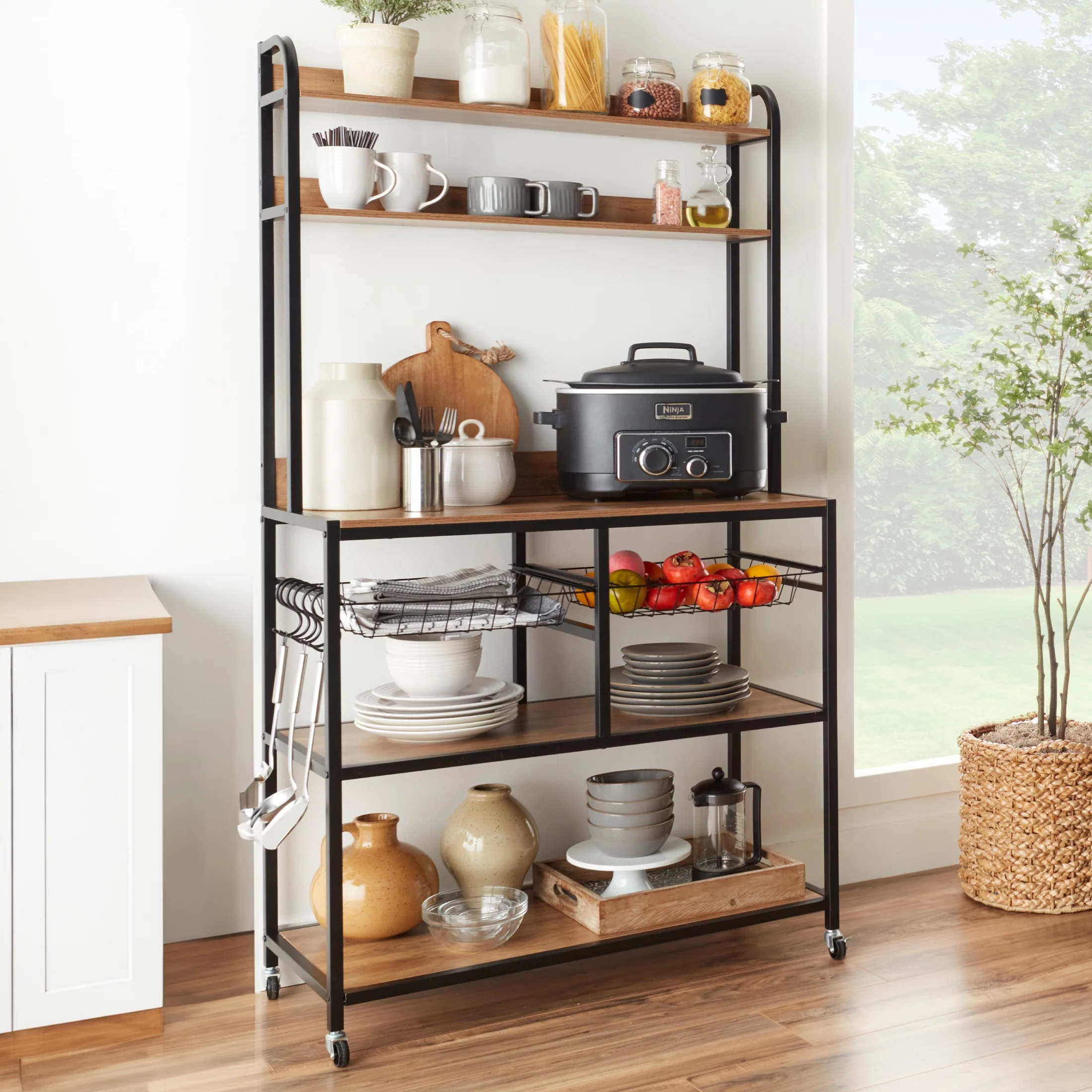 Best Choice Products 67in Counter-Height Baker's Rack w/ Locking Wheels, Adjustable Feet, 2 Wire Baskets - Brown/Black