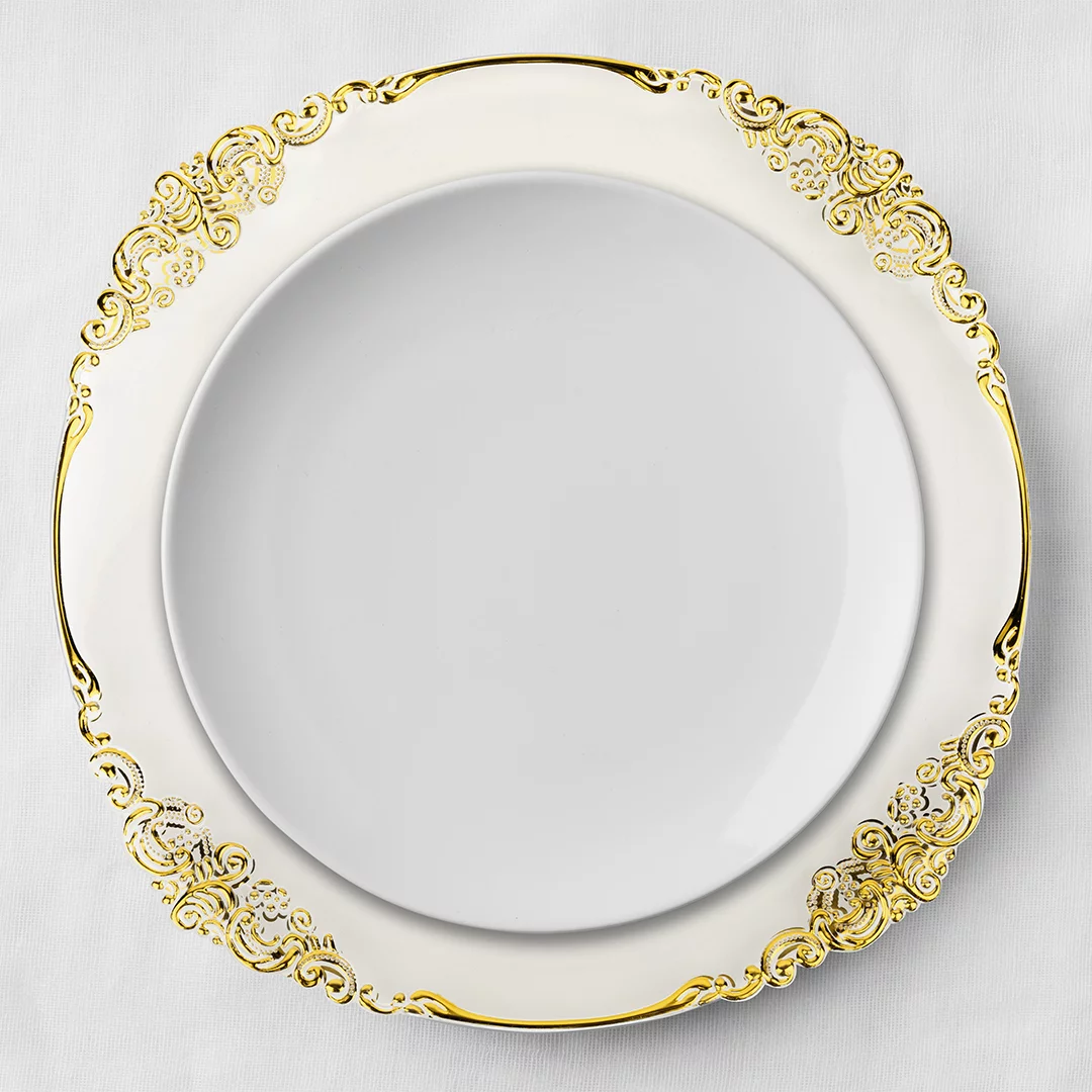 Koyal Wholesale Clear Acrylic Vintage Charger Plates with Gold Rim for Weddings Birthdays Quinceaneras Events Set of 4