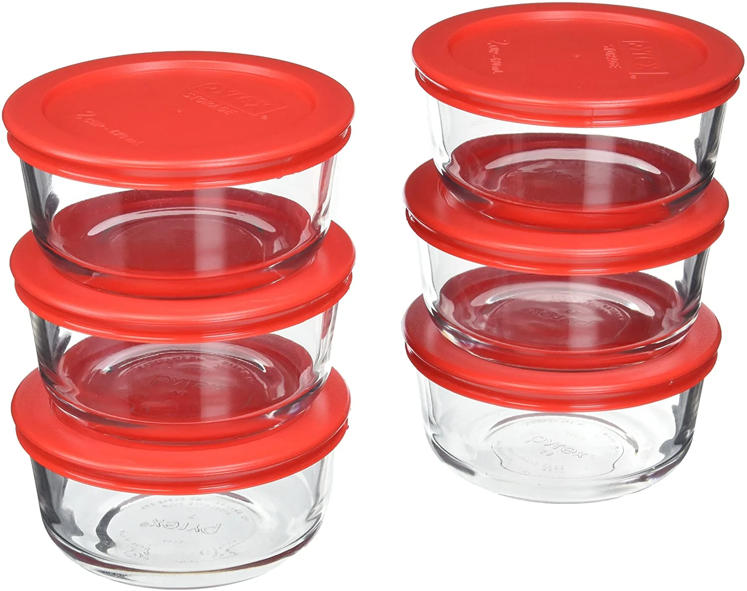 Pyrex Simply Store 7200 2-Cup Glass Storage Bowls and 7200-PC Red Lid Covers (6-Pack)