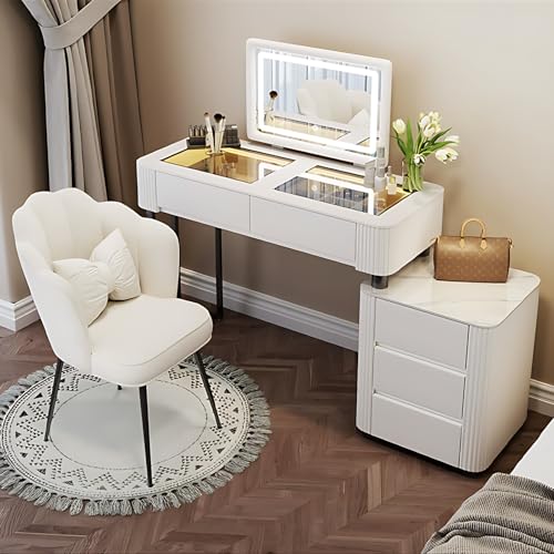 Vanity Table with Drawers - Fashion Vanity Table Set | LED Makeup Mirror & Chair Included | Solid Wood Bedroom Vanity | Atmosphere Light Design | New Makeup Experience (White, 40