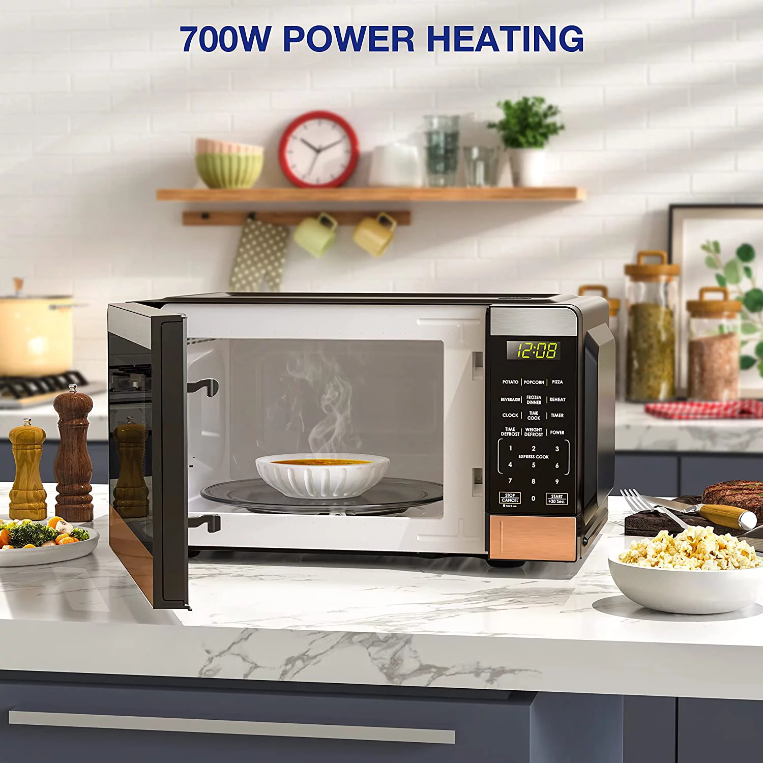 Excellent JOY Kitchen Compact Countertop Microwave Oven with LED Display  6 Auto-Preset Menus  Child Lock  Defrost & Express Cooking Features  Stainless Steel  0.7 Cu. Ft. 700W  Slive