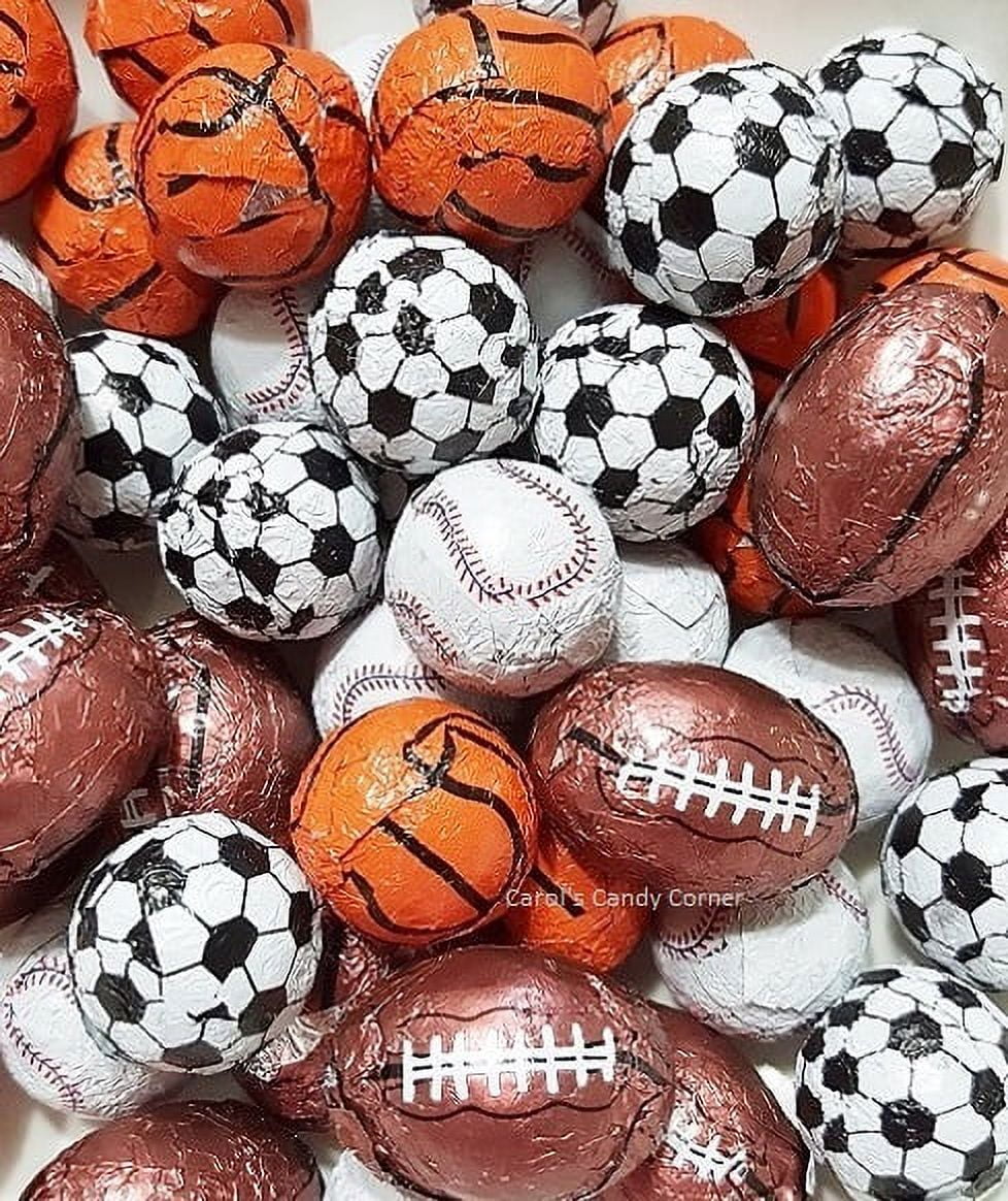 Sweetworks Foiled Sports Balls Premium Solid Milk Chocolate Mix, - Baseballs, Basketballs, Footballs, Soccer Balls, 2 Lb Bag - 166 Pcs