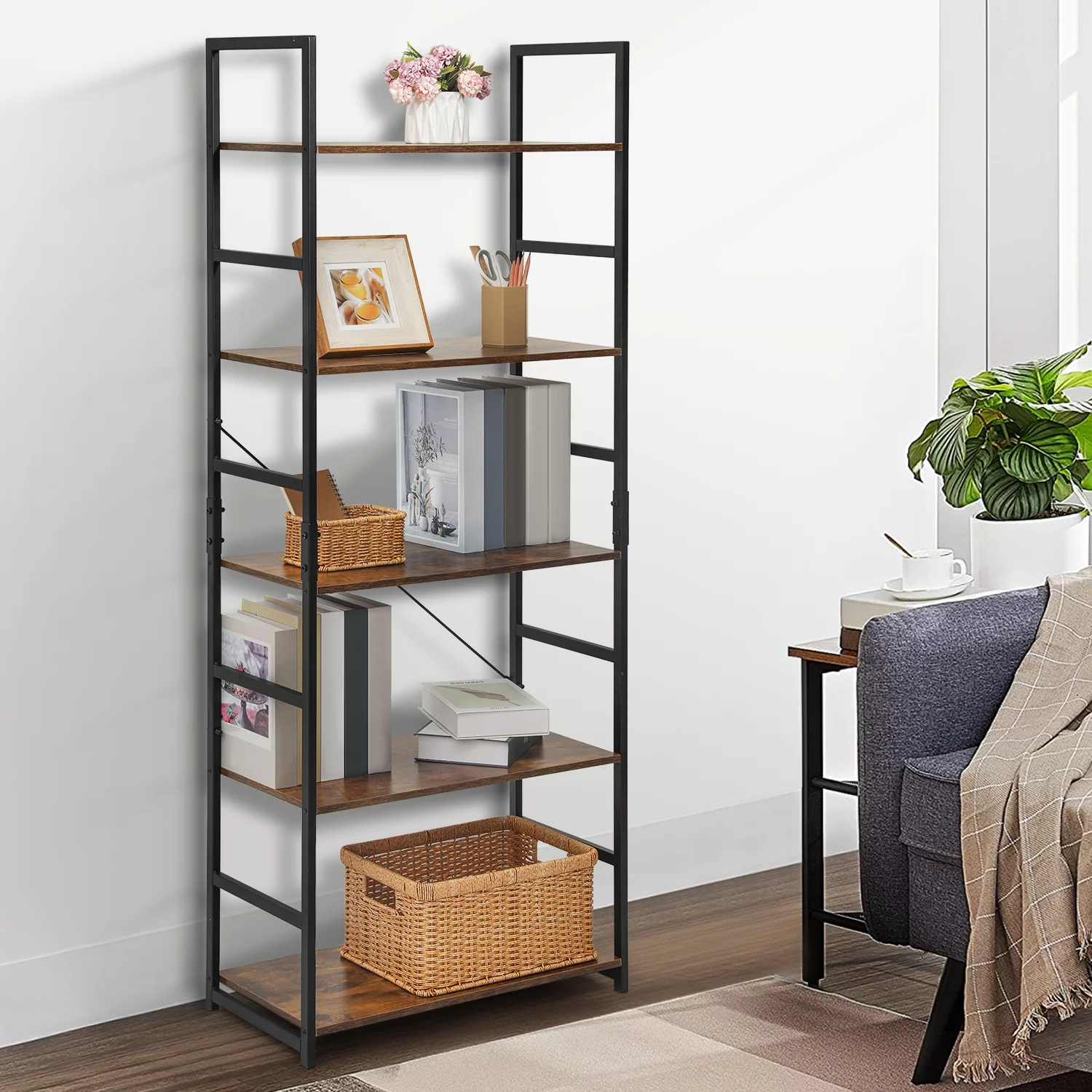 MoNiBloom 5 Shelves Rustic Bookcase, Industrial Shelf Unit, with Metal Frame Modern Office Home Display Shelves, Brown