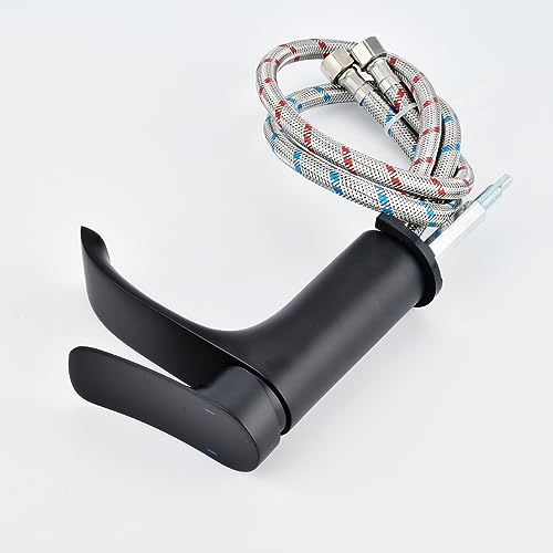 Tall Vessel Sink Faucet Bathroom Waterfall Faucet Brushed Gold Finished Single Handle Matte Black Vanity Bathroom Faucet Basin Mixer Tap with Water Supply Hose and Pop Up Sink Drain