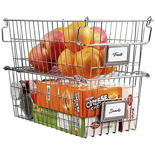 Orgneas Stackable Chest Freezer Baskets Organizer Bins, Metal Wire Baskets Pantry Organizer Produce Baskets with Tag Slot for Snacks Vegetables and Fruits