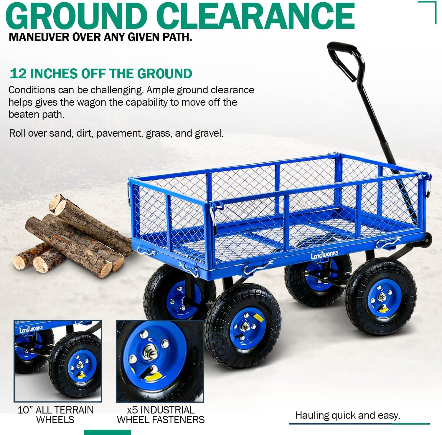 Landworks Lawn & Garden Utility Cart/Beach Wagon, All Terrain, w/Heavy Duty Removable Side Meshes, 400 lbs Cap, Blue