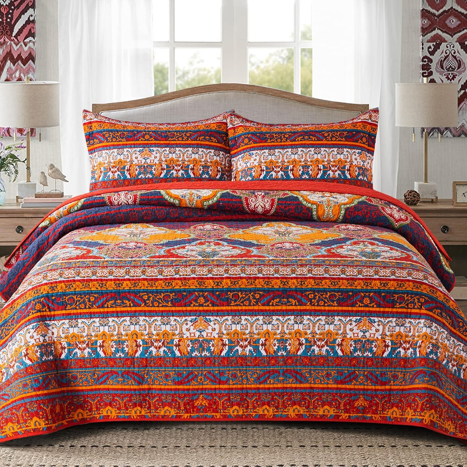 NEWLAKE Cotton Bedspread Quilt Sets-Reversible Patchwork Coverlet Set, European Boho Floral Pattern, Bundle