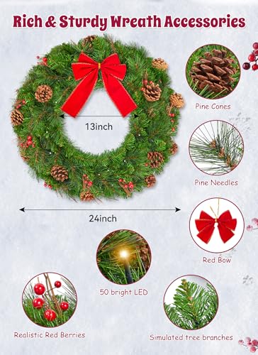 24 Inch Prelit Christmas Wreath for Front Door, Battery Operated LED Christmas Wreath with Pine Needles Branches Hari Leaves Red Berry Pine Cones, Lighted Wreath Wall Windows Decoration