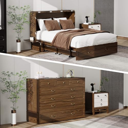 Murphy Bed Queen, Murphy Bed Cabinet with Charging Station, Large Storage Drawer and Shelves for Home Office or Guest Room, Warm White