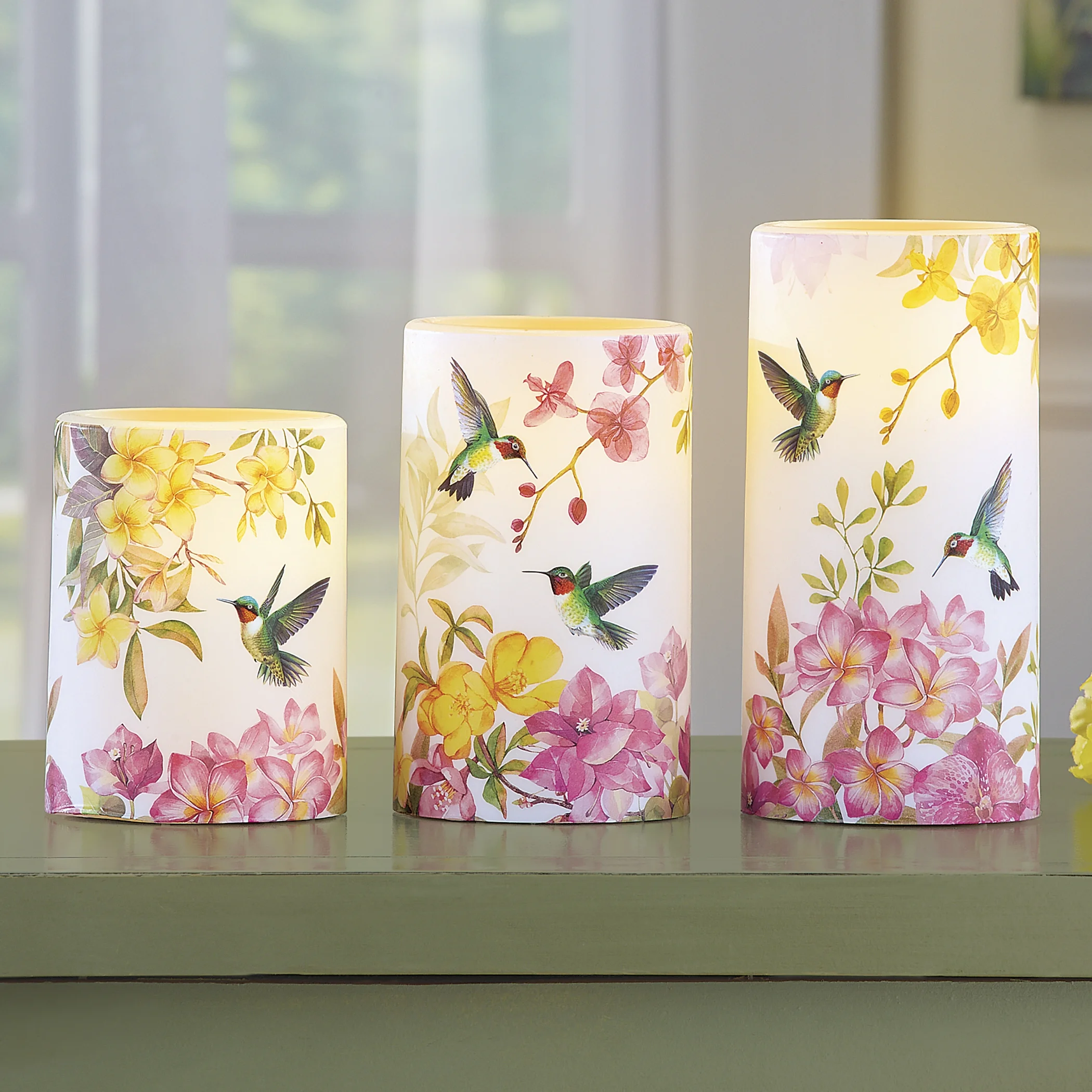 Collections Etc Blooming Hummingbird Floral Candles - Set of 3