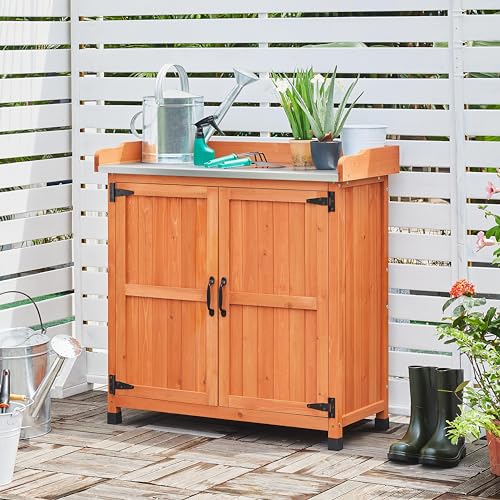 Topeakmart Potting Bench Table - Wooden Storage Cabinet with Removable Shelf & Flexible Space & Metal-Plated Tabletop for Outdoor Garden Patio,Brown