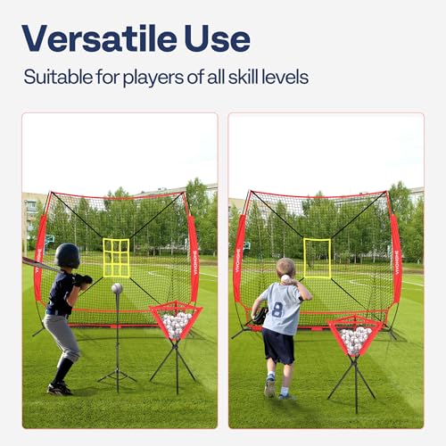 VIVOHOME Baseball Softball Hitting Net with Large Ball Collection System, 7 x 7 ft Baseball Batting Pitching Net with Tee, 2 Strike Zone, Carry Bag