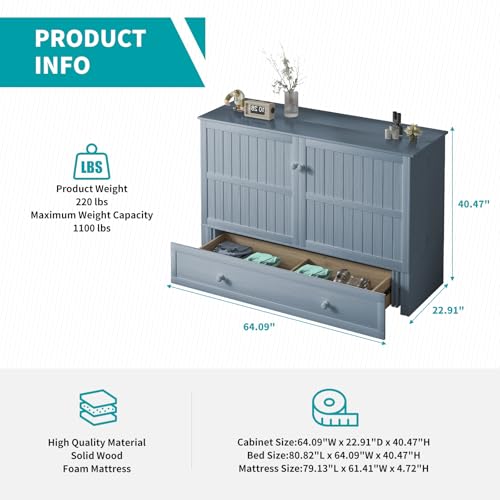 BALUS Queen Murphy Bed Cabinet, Murphy Beds with USB Charging Station, Foldable Mattress, Convertible Cabinet Chest Bed with Folding Night Stand Trays and Storage Drawer/Easy Assembly- Cherry