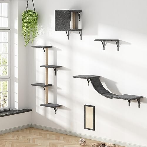 Wall Mounted Cat Furniture Set - 5 Piece Cat Shelves with Tree, Perch, Scratcher, Bridge & Condo - Gray