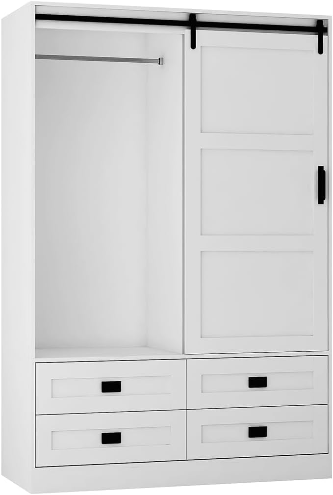Solid Wood Armoire Wardrobe Closet, Large Wardrobe Cabinet with Sliding Barn Door, 4 Drawers, 3 Adjustable Shelves & Hanging Rod, Freestanding Wooden Closet for Bedroom, 47.3