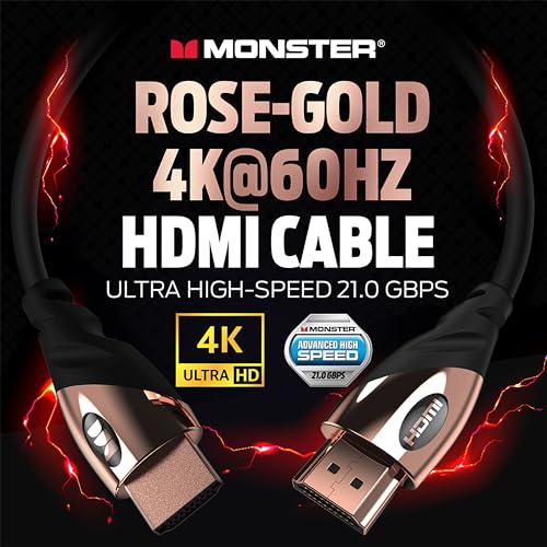 Monster Rose Gold HDMI Cable 4K Ultra HD — Xbox Series X, PlayStation 5, Nintendo, Apple TV HDMI Cable — 24K Gold Contacts, High Speed 21 Gbps, 60/120 Hz, Duraflex Coating(6 FT)