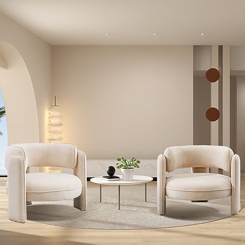 INZOY Mid Century Modern Accent Chair with Velvet Fabric, Comfy Sherpa Accent Chair with Montage Design, Upholstered Boucle Armchair Barrel Chair for Living Room Bedroom Apartment, Orange