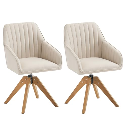 Furniliving Mid Century Modern Swivel Accent Chair for Living Room, Wood Desk Chair with Arms Mid Back Arm Chairs Upholstered Vanity Chair No Wheels for Home Office/Bedroom, Faux Linen Beige