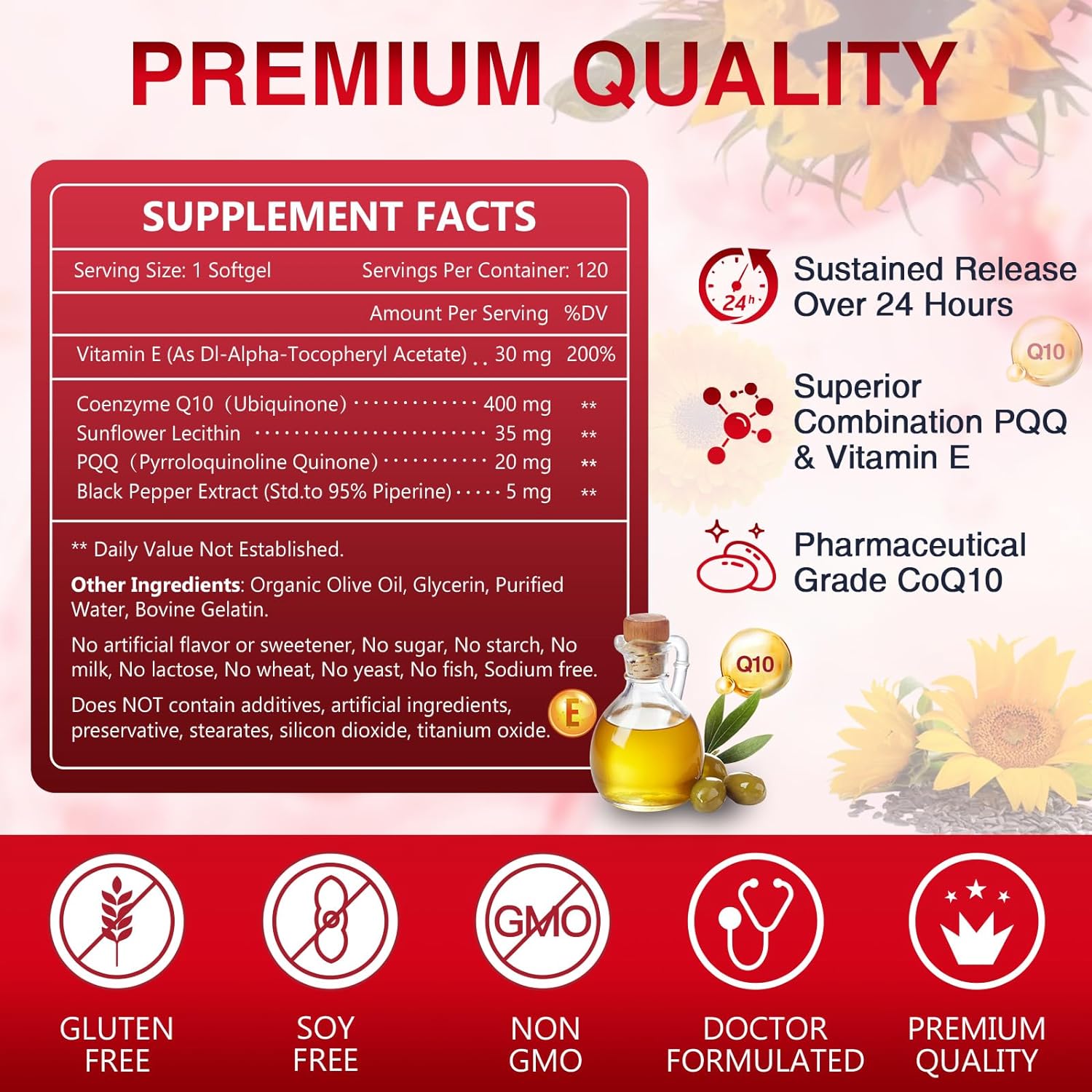 NATURE TARGET CoQ10-400mg Plus PQQ with Vitamin E & Organic Olive Oil - Coenzyme-Q10 with BioPerine - High Absorption Antioxidant-for-Heart-Health and Energy Production,120 Servings