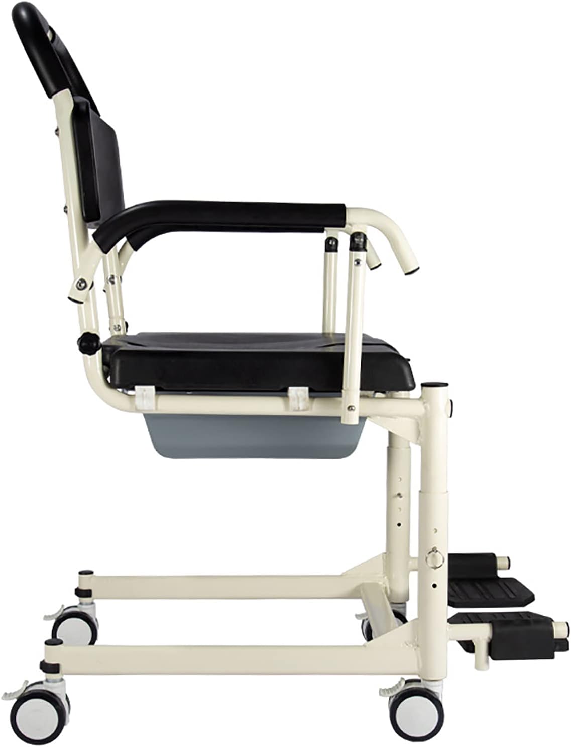 Shower Commode Wheelchair, Rolling Shower Toilet Chair with Lockable Wheels, with Drop Arms and Removable Pail, Adjustable Height, for Elderly, Disabled, and Limited Mobility