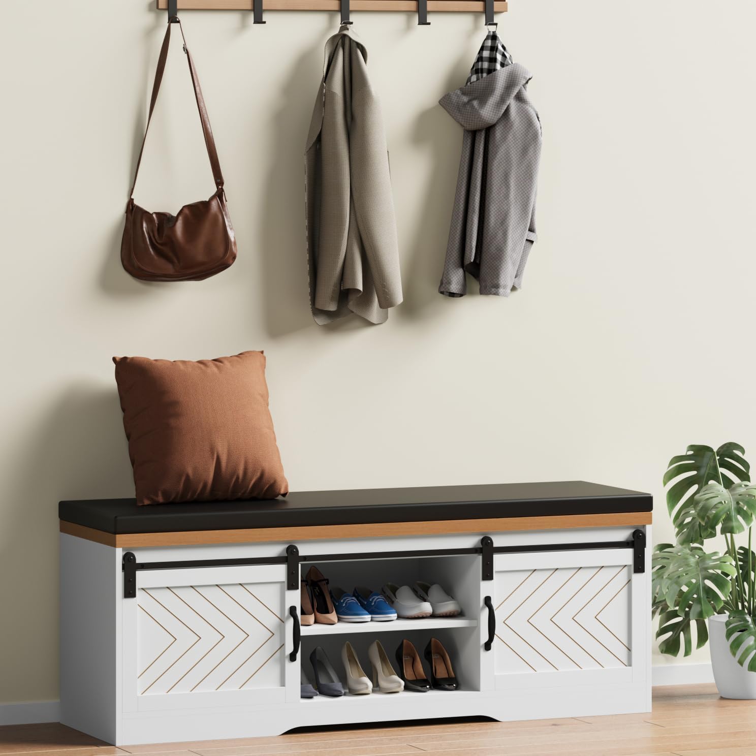 Farmhouse Shoe Storage Bench for Entryway, Shoe Rack Bench with Padded Seat Cushion, Mudroom Bench with Sliding Barn Doors, Foyer Bench, Shoe Cabinet with Bench