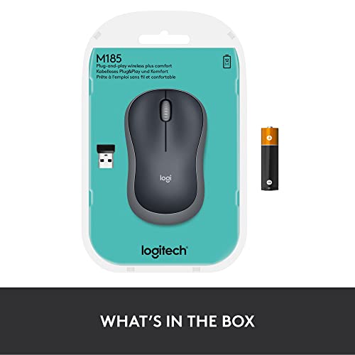 Logitech M185 Wireless Mouse, 2.4GHz with USB Mini Receiver, 12-Month Battery Life, 1000 DPI Optical Tracking, Ambidextrous PC/Mac/Laptop - Swift Grey
