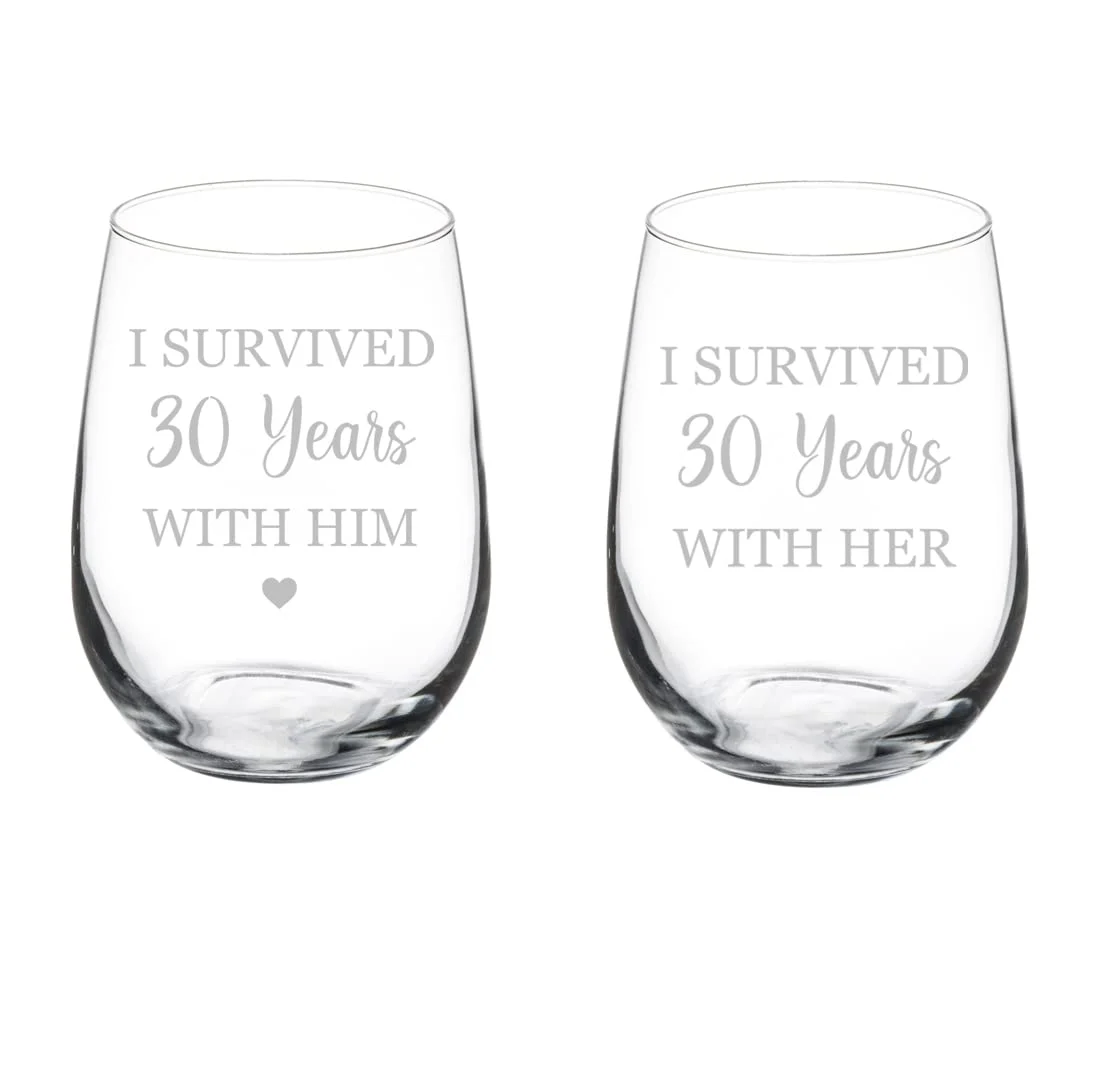Set of 2 Wine Glass Goblet Gift I Surived 30 Years 30th Anniversary (17 oz Stemless)