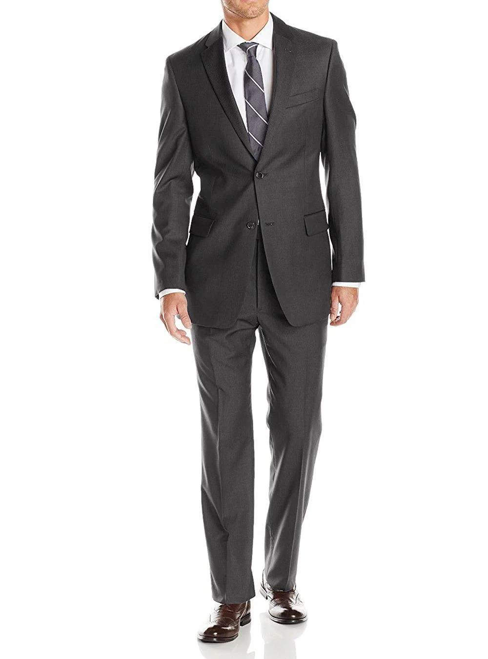 LN LUCIANO NATAZZI Mens Suits 2 Button Modern Fit Side Vent Narrow Stripe Suit Charcoal