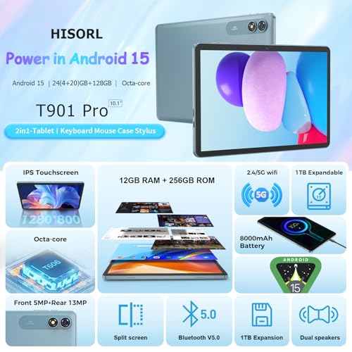 Android Tablet with Keyboard, Android 15 Tablet 10 inch with 24GB+128GB, 1TB Expand, 8-Core, 8000mAh, 5G WiFi, Widevine L1, GMS, with Case, Keyboard, Mouse, Stylus(Black)