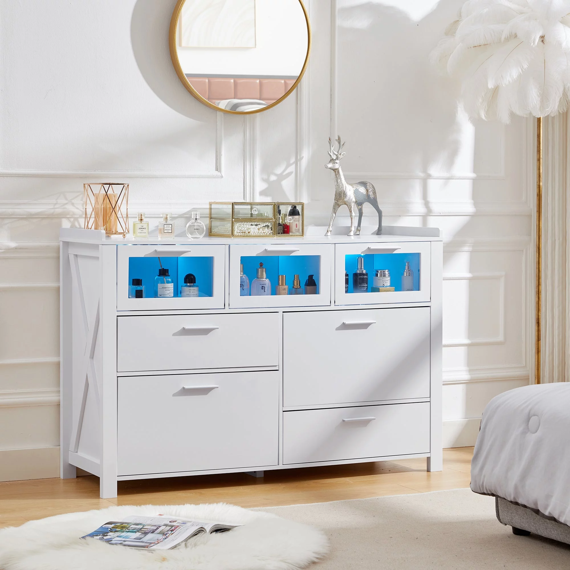 VECELO 3-Piece Modern Bedroom Set with 7 Drawers LED Dresser and 2 Nightstands with 2-Drawer, White