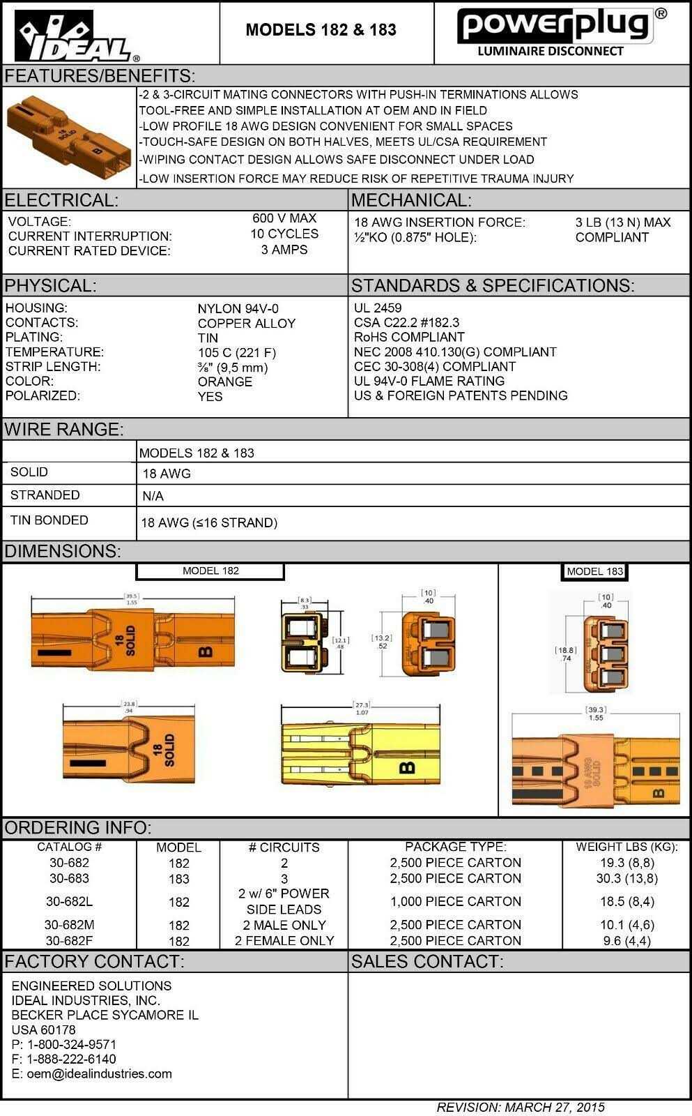 Ideal 30-682 Power Plug Luminaire Disconnects