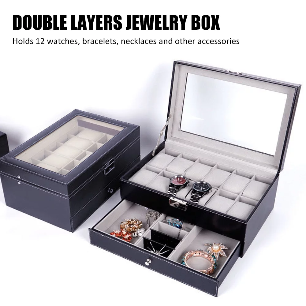 moobody Watch Box Jewelry Storage | Double Layer Organizer for Bracelets, Necklaces | 12,Slot Design