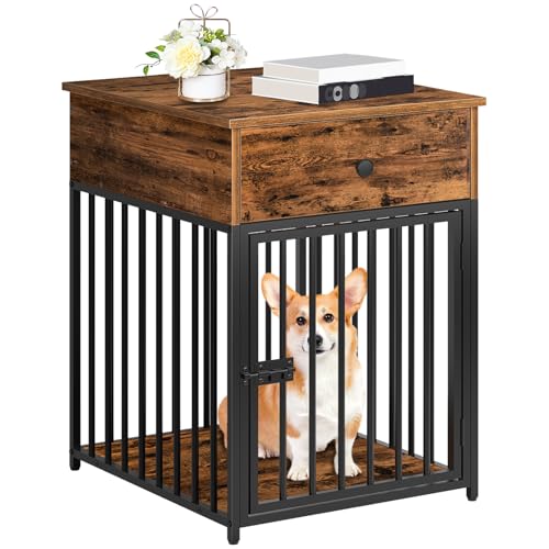 HOOBRO Dog Crate Furniture, Wooden Dog House, Decorative Dog Kennel with Drawer, Indoor Pet Crate End Table for Small Dog, Steel-Tube Puppy Cage, Chew-Proof, Greige BG01GW03