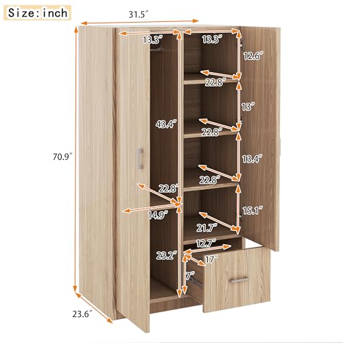 71'' Wooden Armoire with Double Doors and Storage Drawer, Modern 2 Door Wooden Wardrobe with 5 Fixed Shelves and Hanging Rod, for Kitchen, Hallway, Living Room, Bedroom (Natural-103)