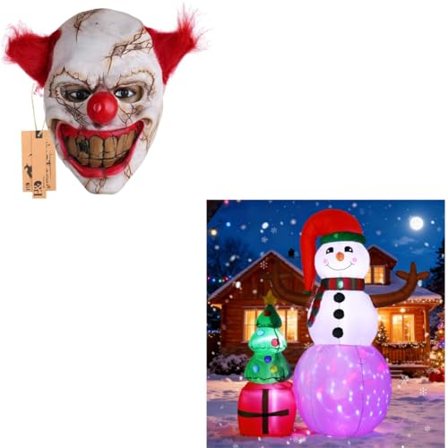 YU FENG Holiday Combo: Scary Clown Mask & Inflatable Snowman Decor