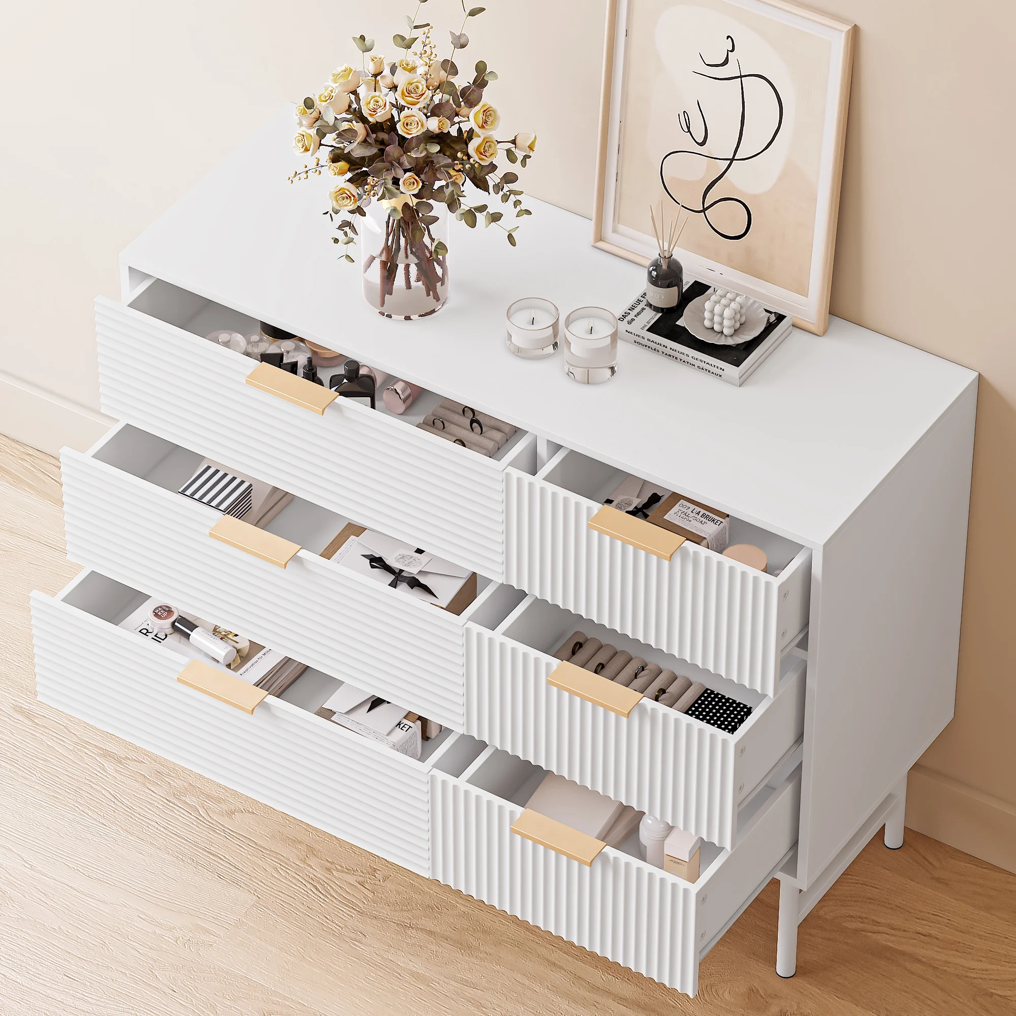 Homfa 6 Drawer Dresser for Bedroom, Modern Creamy Wave Panel Wood Storage Cabinet with Metal Base for Living Room Entryway
